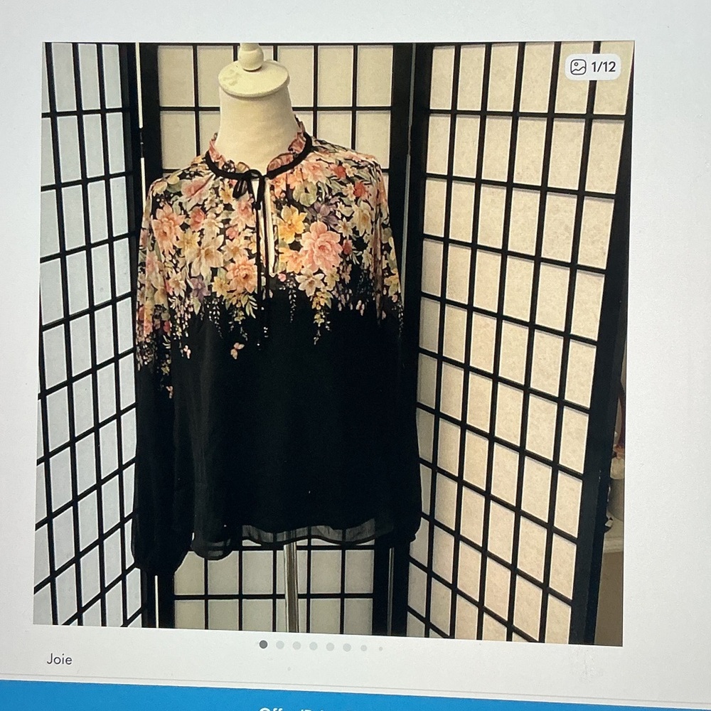 Joie Black Floral Tie-Neck Blouse with Pink and Yellow Blooms